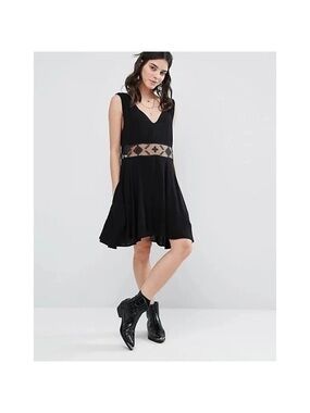 Free People Black Sleeveless V-Neck Mini Dress with Embroidered Waist